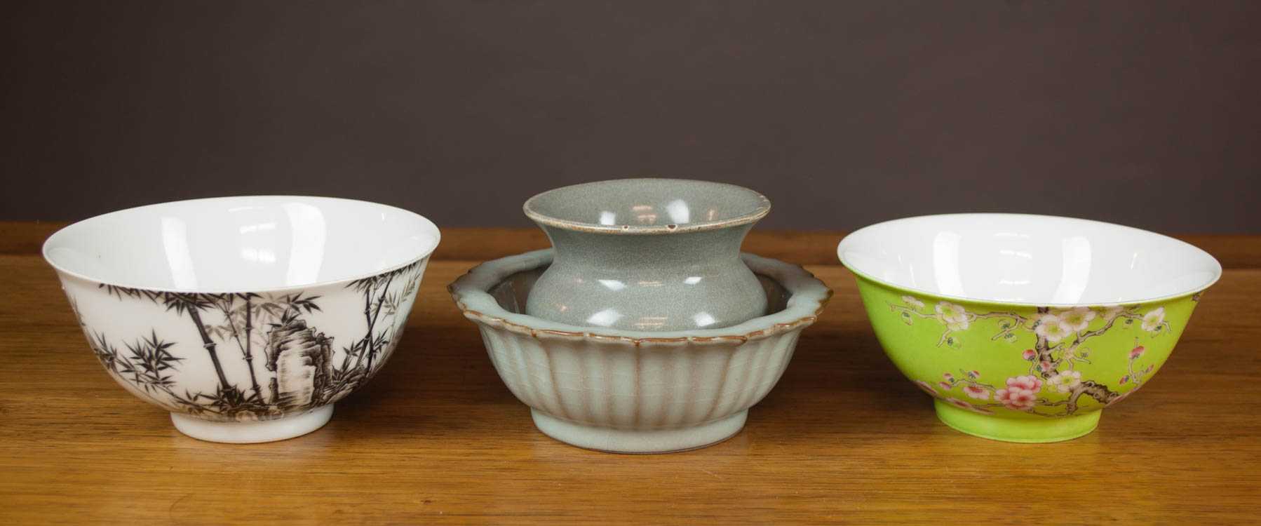 Appraisal: FOUR CHINESE QING PORCELAINS bowl decorated with bamboo and poetic