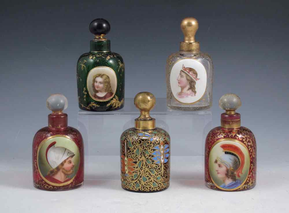 Appraisal: GROUP OF BOHEMIAN GLASS FLACONS INCLUDING MOSER Four hand painted