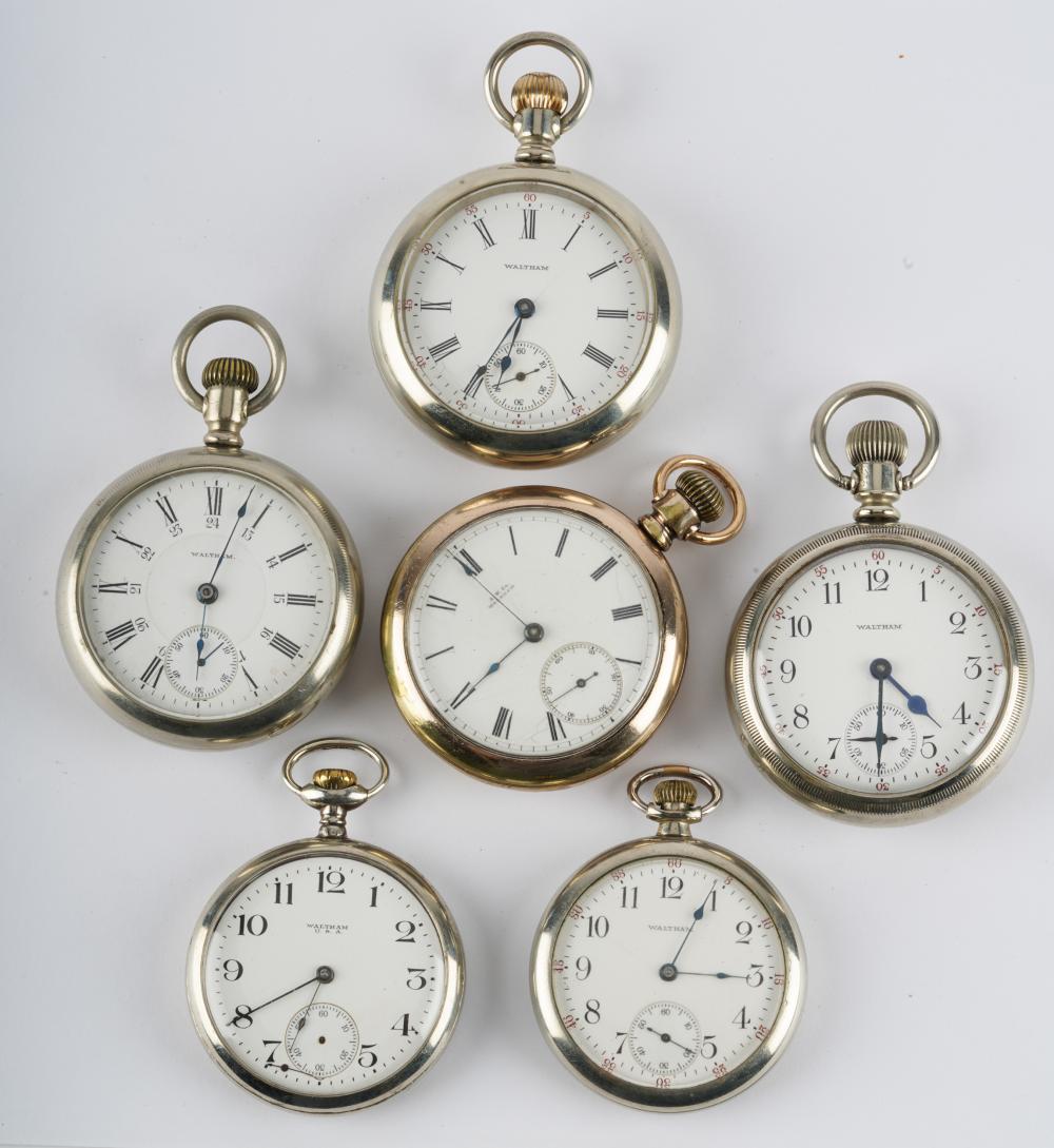 Appraisal: FIVE AMERICAN WALTHAM POCKET WATHCES Fahys Oresilver S NO three