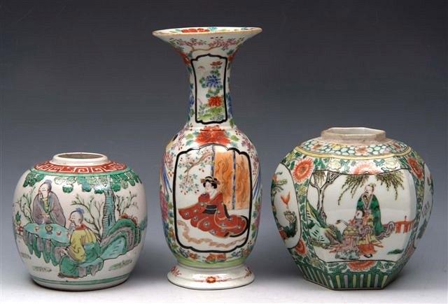 Appraisal: A CHINESE HEXAGONAL FAMILLE VERTE JAR with panels of figures