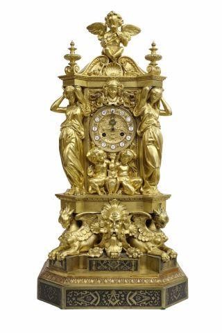 Appraisal: French bronze dore Masonic mantel clock th c scroll pediment