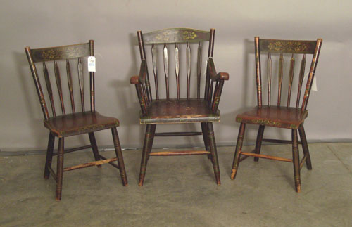 Appraisal: Three paint decorated plank seat chairs th c