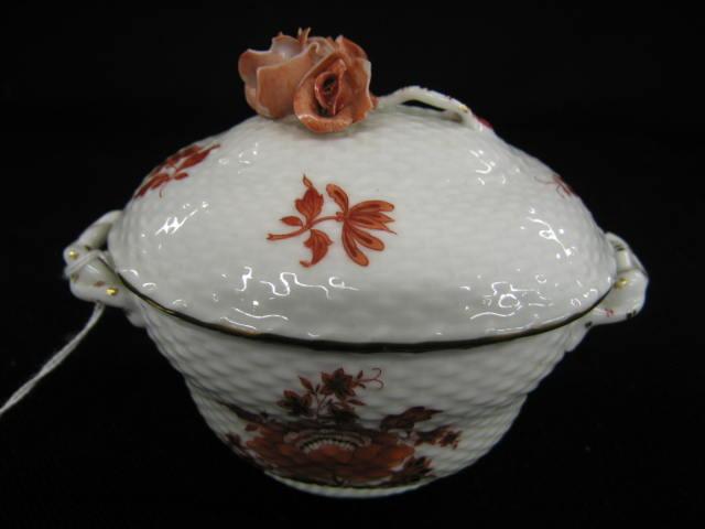 Appraisal: Herend Porcelain Covered Bowl orange floral on basketweave floral finial