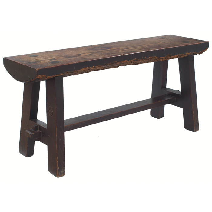 Appraisal: Roycroft Ali Baba bench plank seat with bark to underside