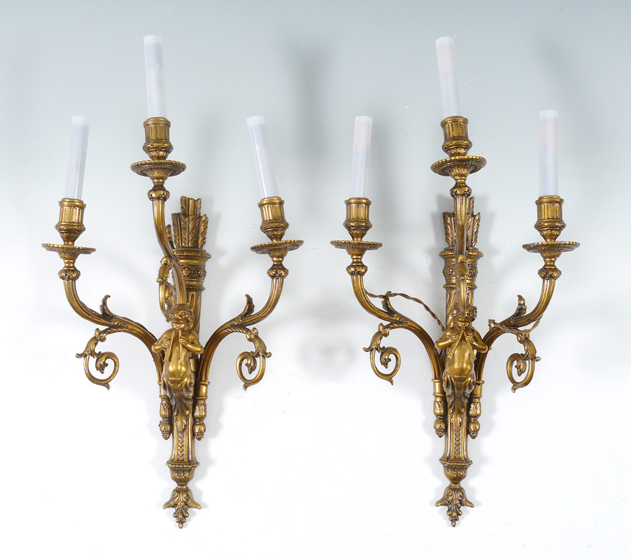 Appraisal: PAIR FRENCH GILT METAL FIGURAL SCONCES arm electric sconces center