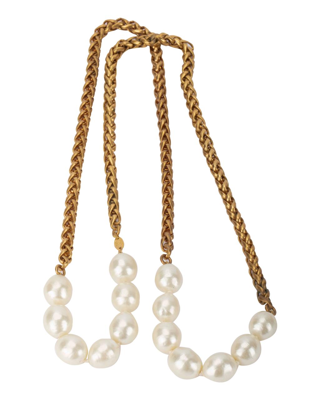 Appraisal: CHANEL GOLD-PLATE FAUX PEARL NECKLACEwith semi-round faux pearls measuring approximately