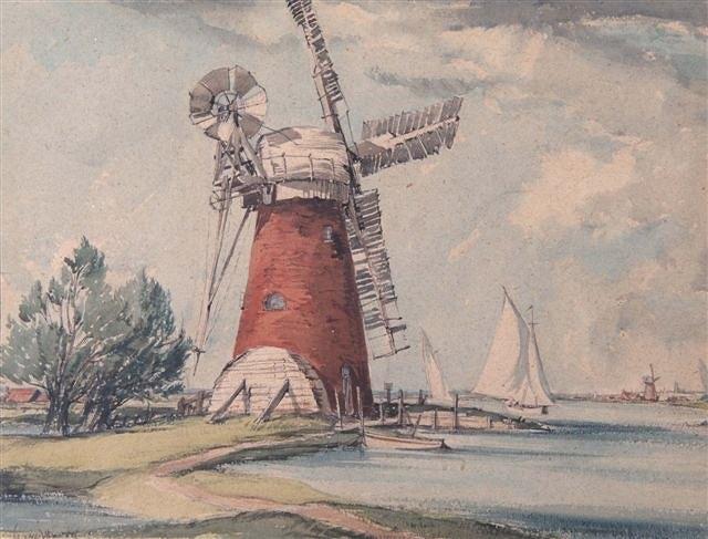 Appraisal: LESLIE MOORE - Windmill near Hickling Broad signed watercolour x