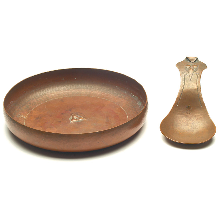 Appraisal: Roycroft bowl and spoon hammered copper with tooled designs original