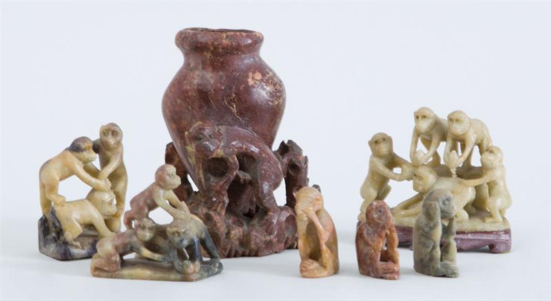 Appraisal: SEVEN CHINESE SOAPSTONE CARVINGS OF MONKEYS Including a vase to