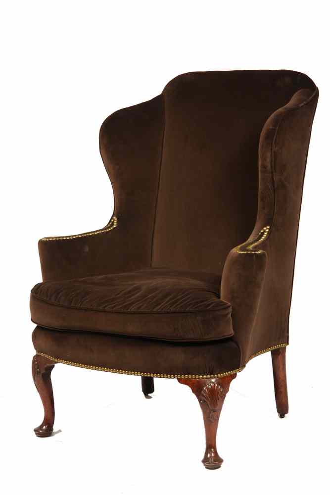 Appraisal: QUEEN ANNE WINGCHAIR - Walnut Frame Contenental Wingchair in brown