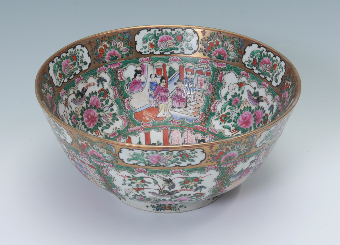 Appraisal: QING DYNASTY ROSE MEDALLION PUNCH BOWL Gilt border with floral