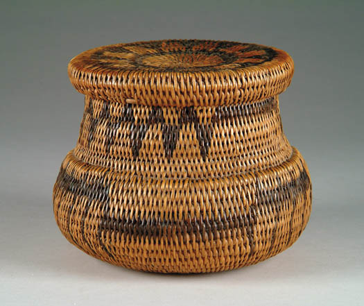 Appraisal: COVERED INDIAN STYLE BASKET Interesting form with bulbous base and