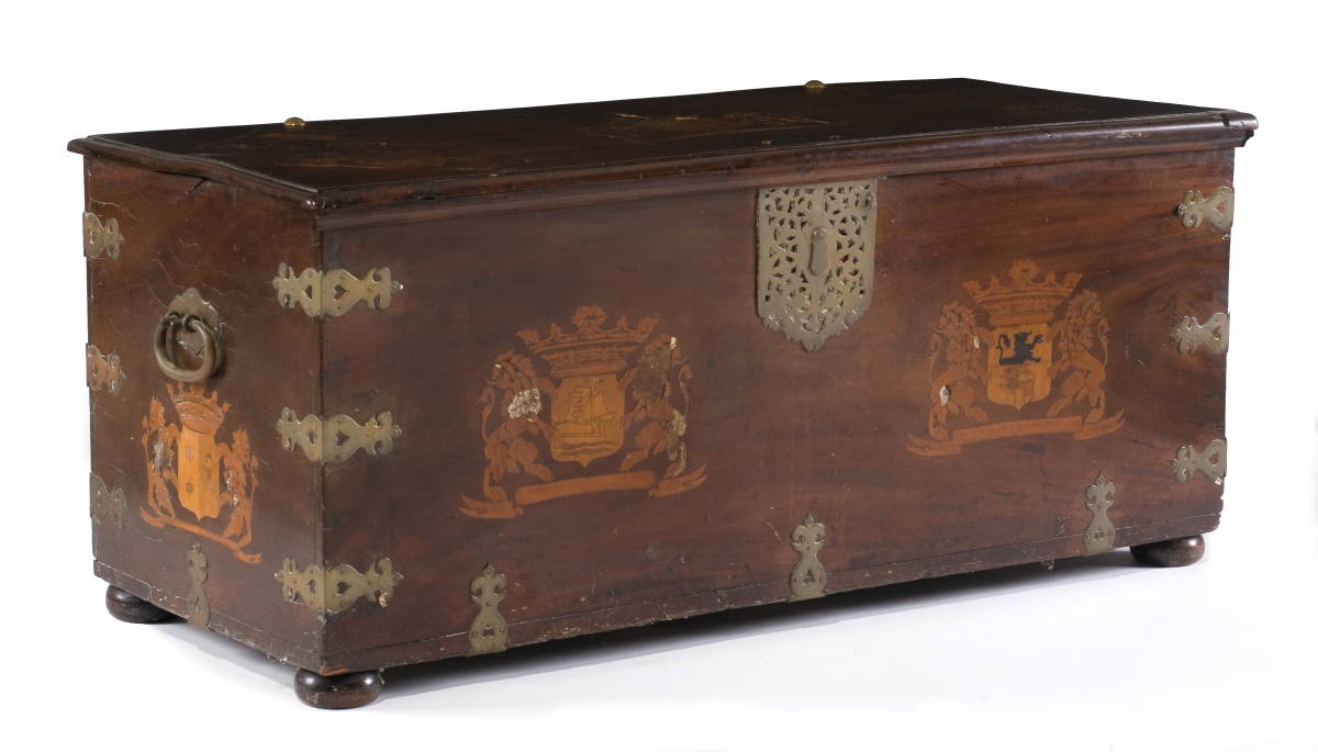 Appraisal: DUTCH SEA CAPTAIN'S BRASS-BOUND MAHOGANY STORAGE CHEST WITH COAT-OF-ARMS INLAY