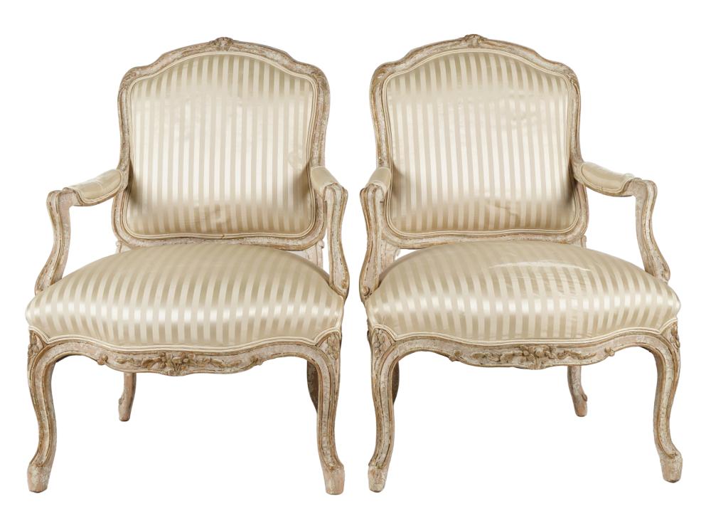 Appraisal: PAIR FRENCH PROVINCIAL-STYLE PAINTED FAUTEUILSlate th century manufacturer unknown Condition