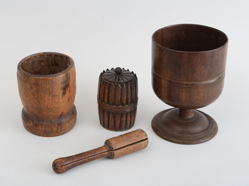 Appraisal: CARVED WOOD BARREL-FORM BOX AND COVER A TREENWARE GOBLET AND