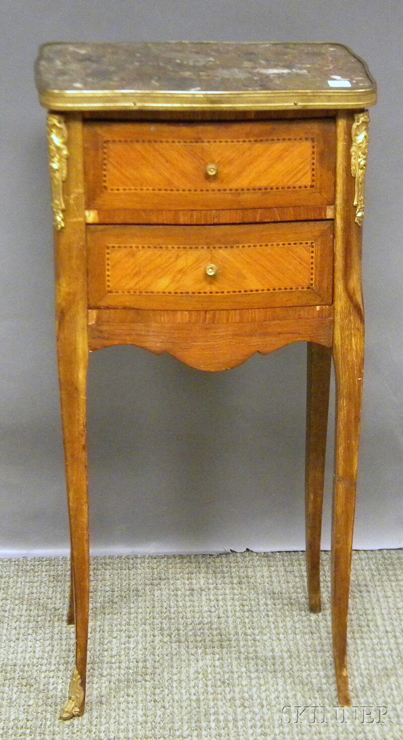 Appraisal: Louis XV-style Gilt-metal-mounted Marble-top Inlaid and Parquetry-decorated Wooden Two-drawer Stand