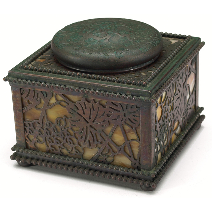 Appraisal: Tiffany Studios inkwell bronze grapevine pattern over caramel and white