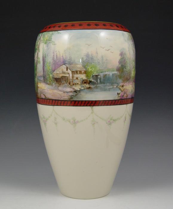 Appraisal: WILLETS AMERICAN BELEEK HANDPAINTED VASE Scenic landscape signed Scholz The