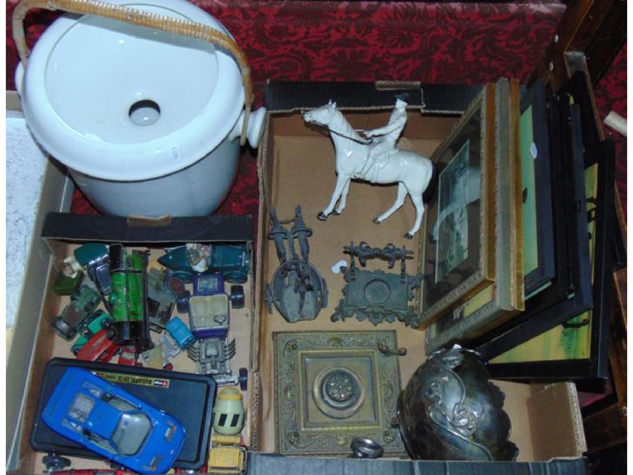 Appraisal: A boxed miscellaneous collection to include a painted metalwork study