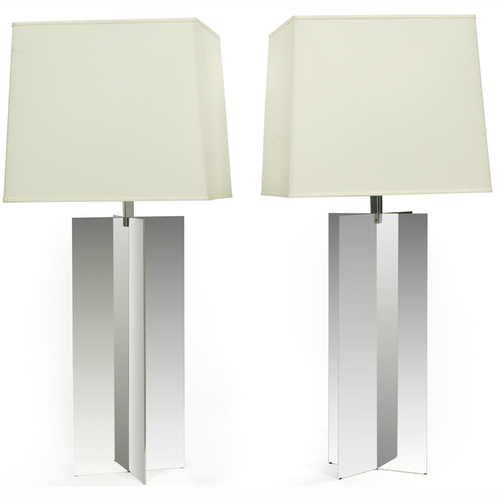 Appraisal: s table lamps pair chromed metal X-shaped bases rectangular cloth