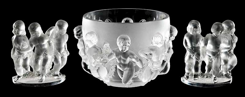 Appraisal: Lalique Glass Luxembourg Frosted Glass Garniture bowl with two figural