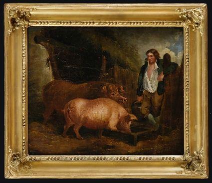 Appraisal: MANNER OF GEORGE MORLAND SLOPPING THE HOGS Oil on canvas