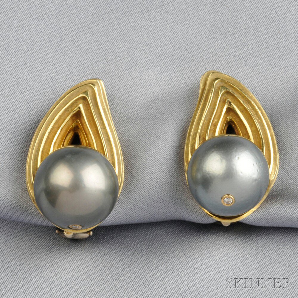 Appraisal: kt Gold Tahitian Pearl and Diamond Earclips Christopher Walling each