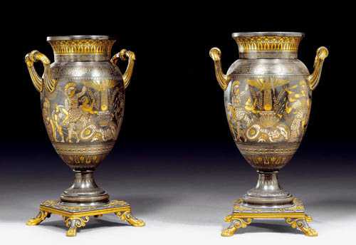 Appraisal: PAIR OF GILT BRONZE ORNAMENTAL VASES Restauration Paris th century