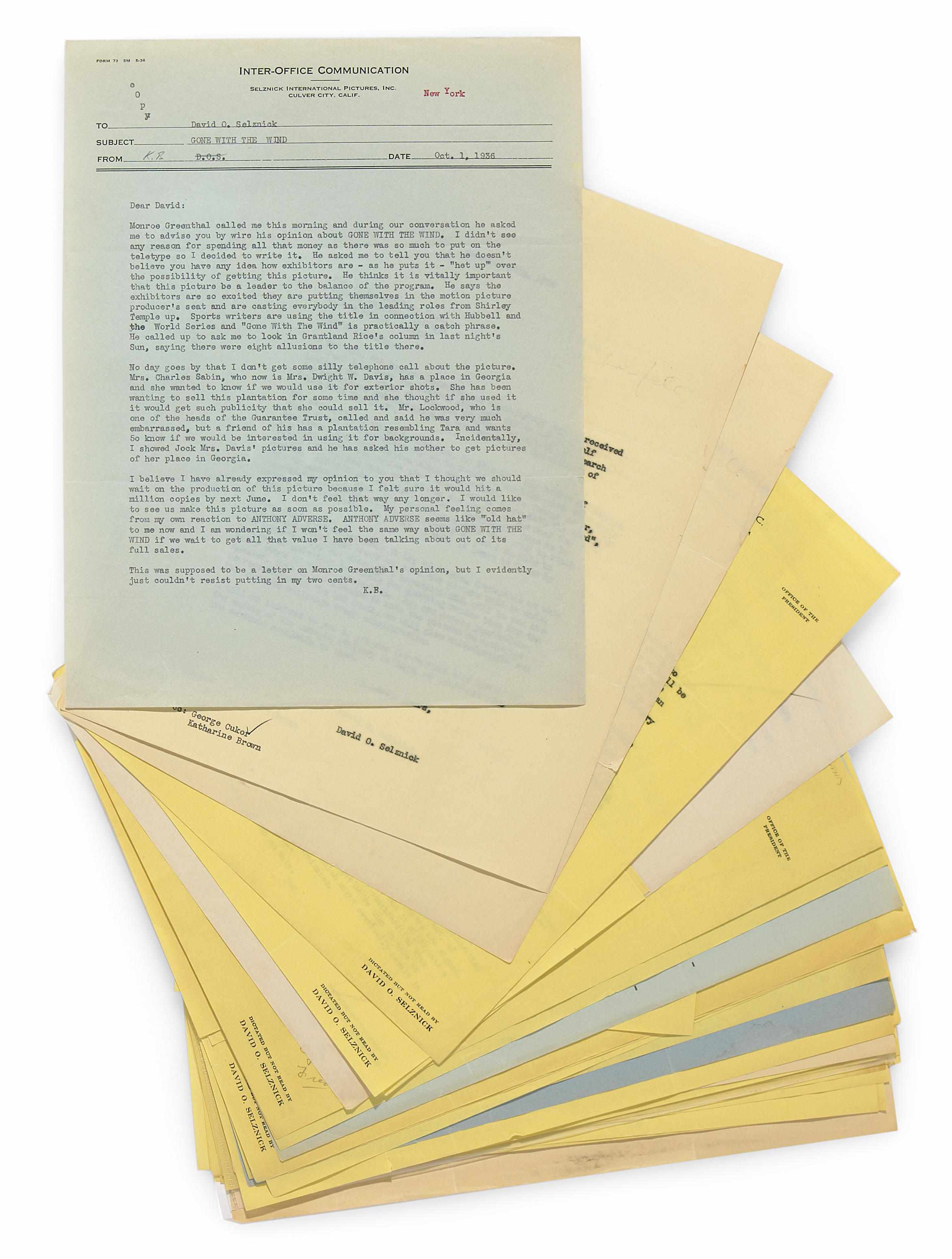 Appraisal: George Cukor's file of David O Selznick's memos regarding Gone