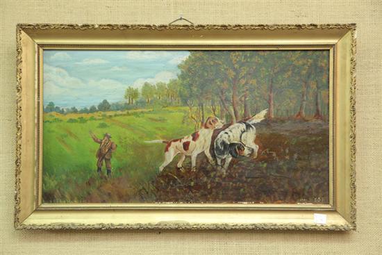 Appraisal: OIL ON BOARD Depicting two hunting dogs and a hunter