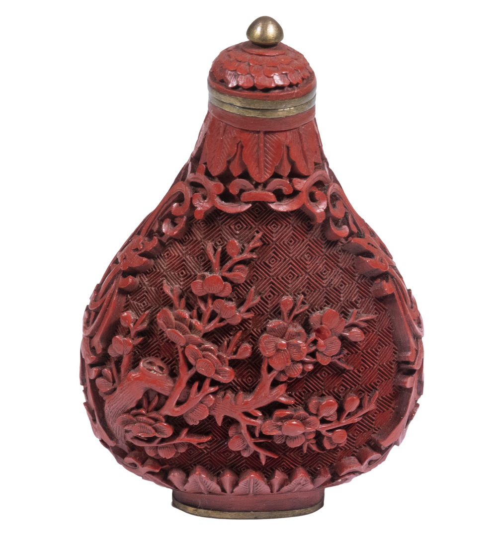 Appraisal: CHINESE CINNABAR SNUFF BOTTLE Finely Carved Snuff Bottle likely th