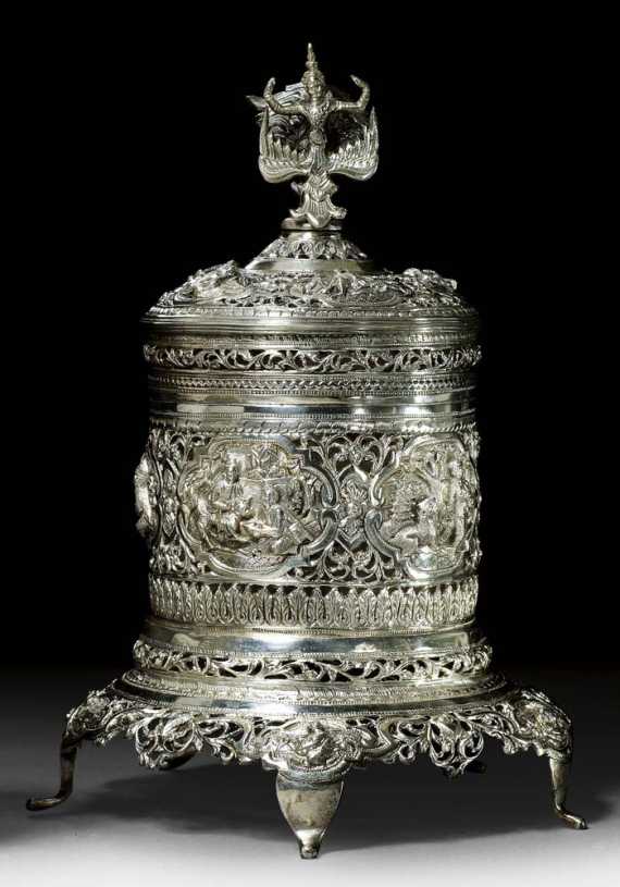 Appraisal: SILVER JAR AND COVER ON STAND Burma H cm With