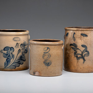 Appraisal: Three Cobalt Decorated Stoneware Crocks th Century comprising a six-gallon