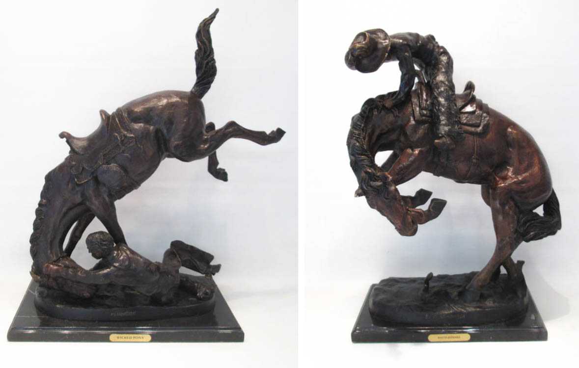 Appraisal: TWO PATINATED BRONZE SCULPTURES AFTER FREDERIC REMINGTON depicting figures on