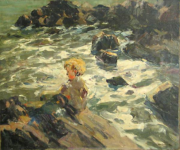 Appraisal: American School A view of a rocky coastline with a