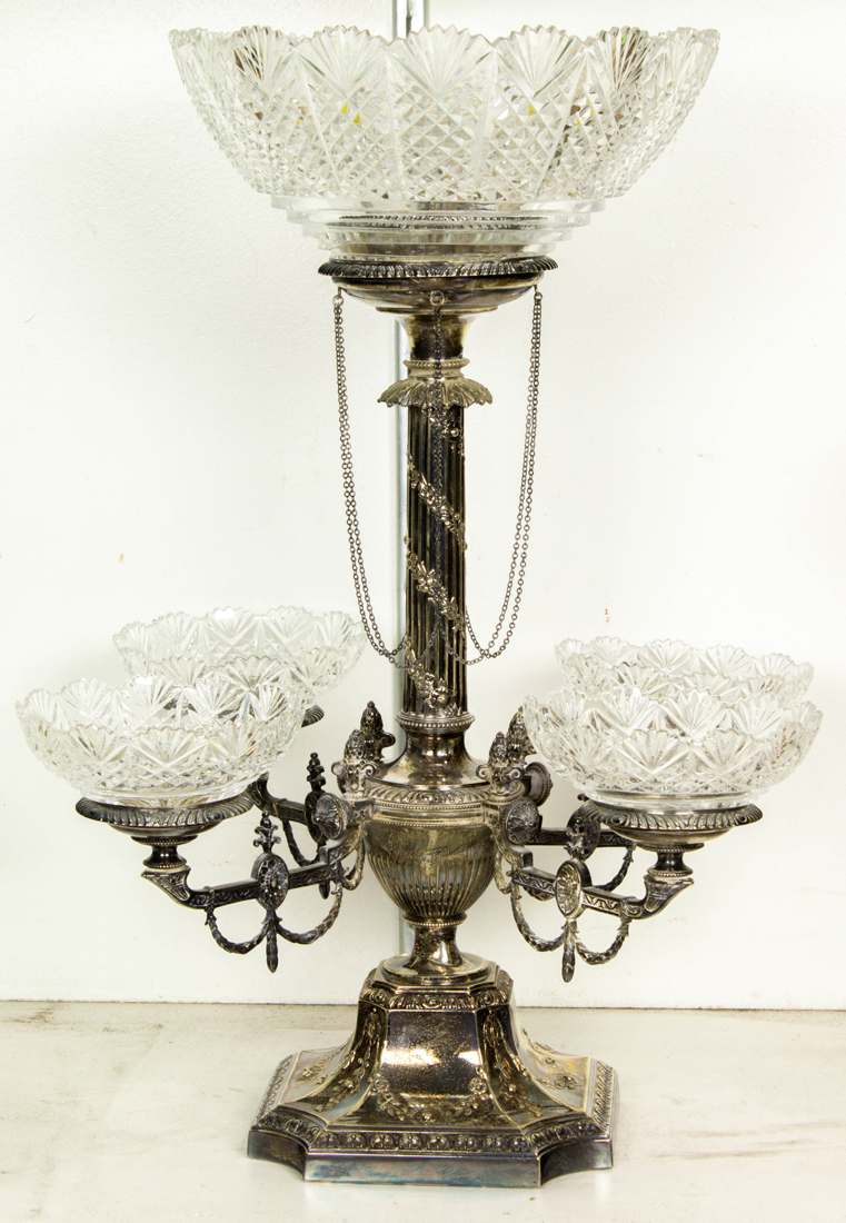 Appraisal: SILVERPLATE EPERGNE WITH GLASS INSERTS Silverplate epergne with glass inserts