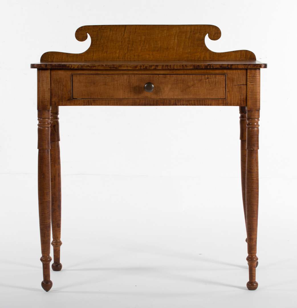 Appraisal: Federal tiger maple one-drawer stand circa Pennsylvania raised scroll carved