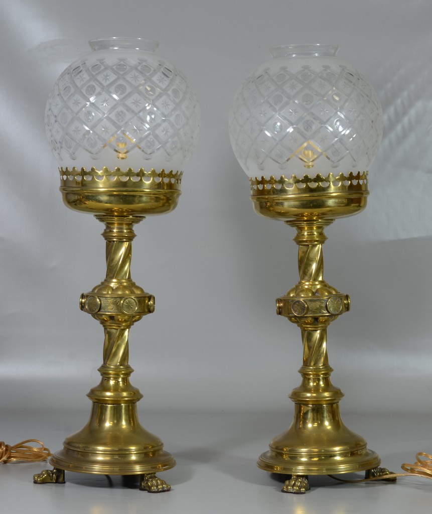 Appraisal: Pair of Continental brass candlesticks converted to lamps with cut