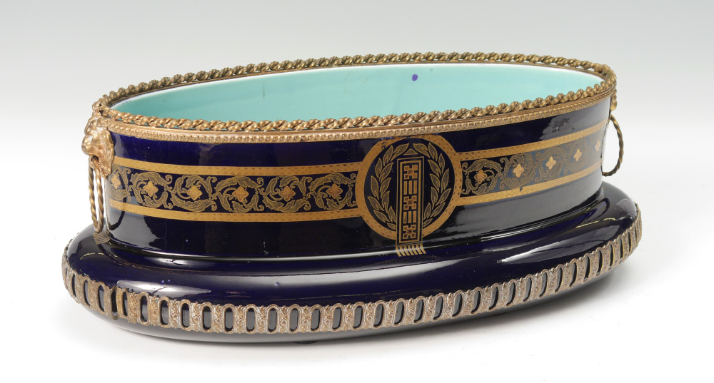 Appraisal: FRENCH GILT METAL MOUNTED COBALT FERNER Cobalt glaze exterior with