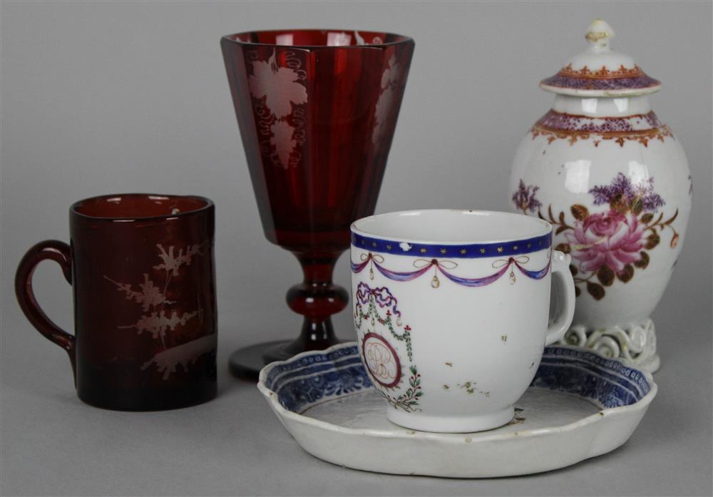 Appraisal: THREE CHINESE EXPORT PIECES AND TWO BOHEMIAN GLASS ITEMS TH