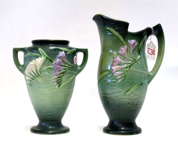 Appraisal: TWO PIECES ROSEVILLE AMERICAN ART POTTERY in Freesia pattern green