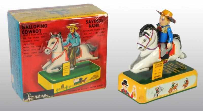 Appraisal: Tin Galloping Cowboy Battery-Operated Toy Bank Description Japanese Working Marked