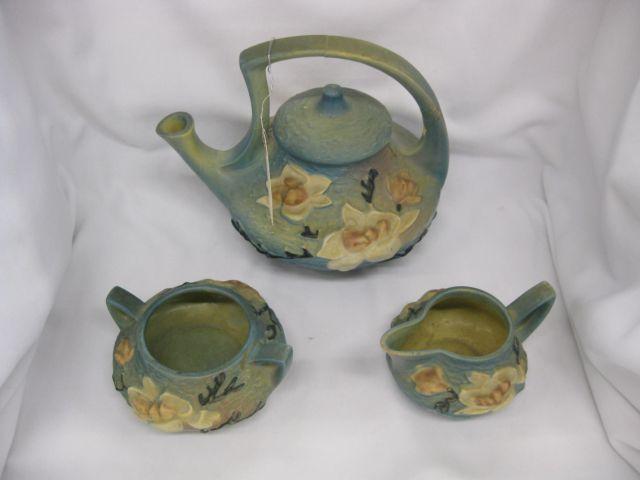 Appraisal: Roseville Art Pottery Tea Set Magnolia blue handle repaired on