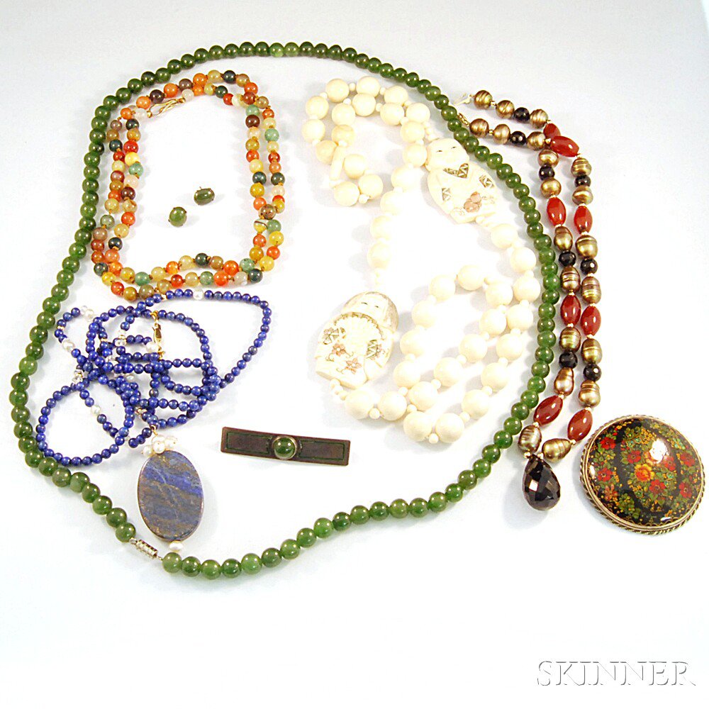 Appraisal: Group of Hardstone and Ivory Jewelry including a freshwater pearl