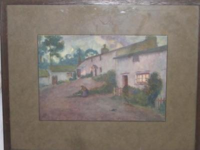 Appraisal: BERTRAM PRIESTMAN Evening with Figure before Cottages signed with initials