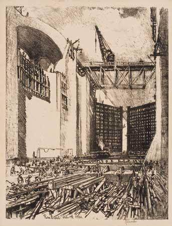 Appraisal: JOSEPH PENNELL Laying the Floor of Pedro Miguel Lock Lithograph