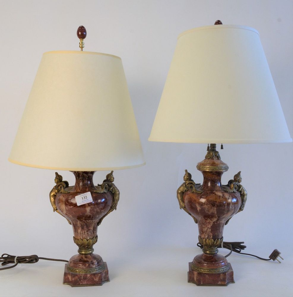 Appraisal: Pair Rouge Marble Brass Mounted Urns made into table lamps