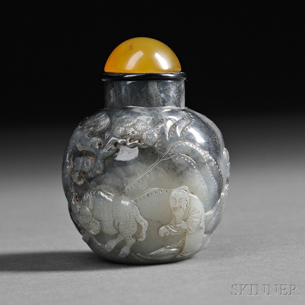 Appraisal: Jade Snuff Bottle with Laozi China globular with one side