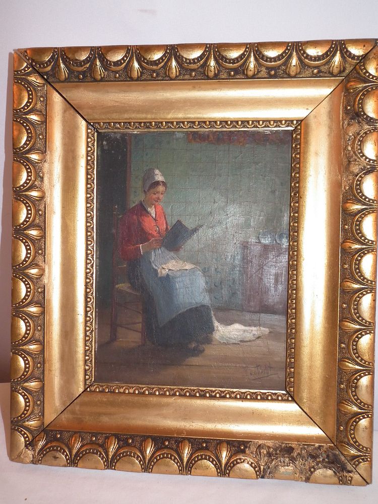 Appraisal: TIPILIT INTERIOR GENRE PAINTING Antique oil on board painting of