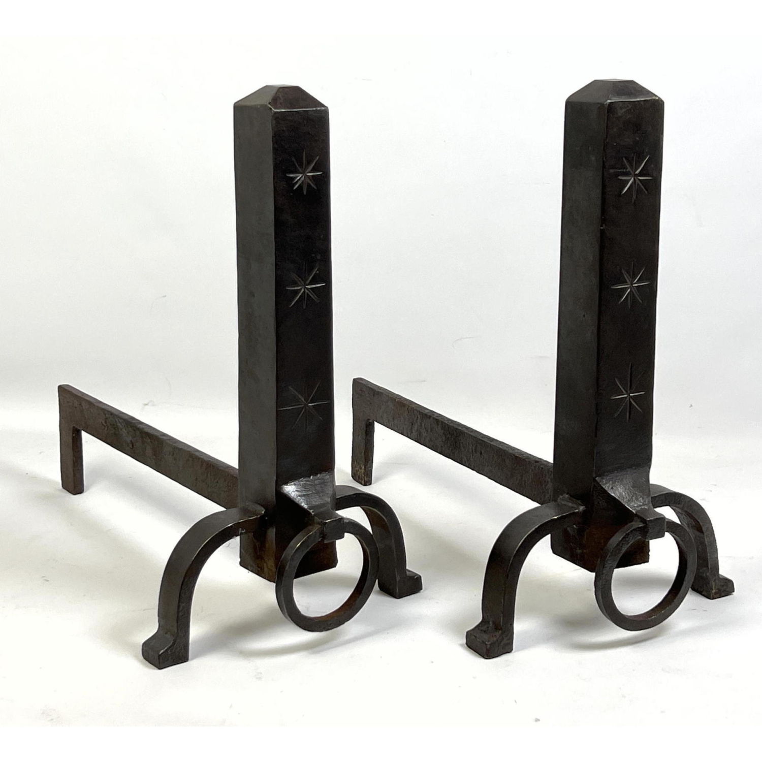 Appraisal: Pair French Style Solid Iron Andirons Star Details Fireplace Dimensions